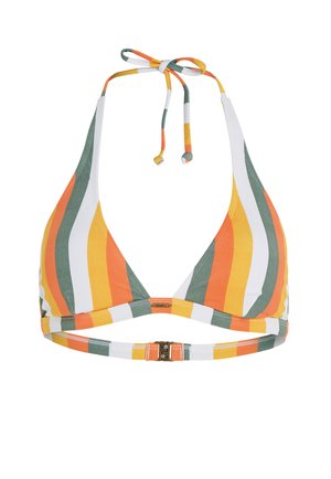 Trikotna bikini zgornji del v večbarvnih črtah (oranžna, rumena, zelena, bela) z vezalkami in zaponko na hrbtu. Mehka tekstura.