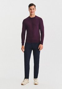 Mężczyzna stojący, ubrany w fioletowy sweter z długim rękawem, ciemnoniebieskie spodnie i białe trampki, na jednolitym białym tle.