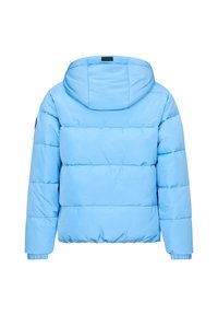 Giacca piumino azzurro chiaro con cappuccio, caratterizzata da sezioni trapuntate orizzontali e polsini elastici. Tessuto liscio senza motivi visibili.