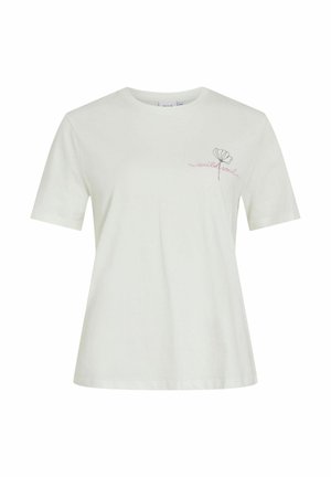 T-shirt en coton blanc avec manches courtes, coupe décontractée et un dessin de contour de rose accompagné du texte "wild soul" en rose près de la poitrine gauche.