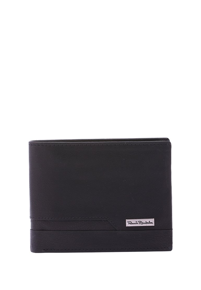 Portafoglio in pelle nera con una texture liscia, design a doppia piega, con un accento logo argentato sulla parte frontale e dettagli di cucitura minimalisti.