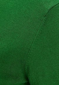 Tessuto lavorato a maglia verde con una consistenza morbida. Presenta bordi a costine e una finitura liscia sulla superficie, che mette in mostra un colore e un motivo uniformi.