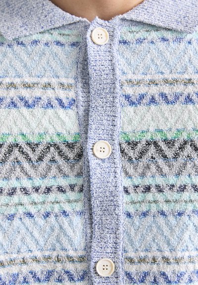 Textured knit cardigan in light blue with patterns of zigzags and lines in earthy tones; features a collared neckline and white buttons.