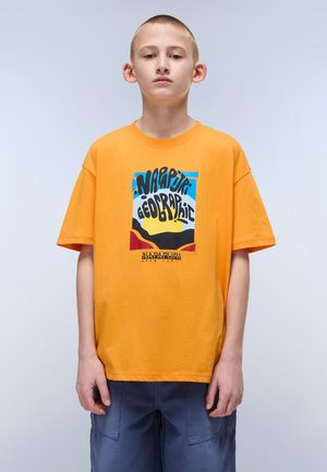 Orange t-shirt i bomull med korta ärmar som har ett färgglatt grafiskt tryck av berg och texten "NAPAPIJRI GEOGRAPHIC" centrerad på framsidan.