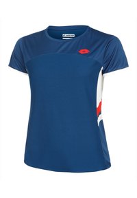 Maglietta sportiva blu navy con maniche corte. Presenta strisce di accento rosse e bianche sui lati. Tessuto morbido e traspirante con scollatura tonda.