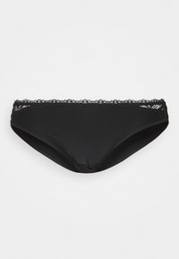 Zwarte bikini slips van gladde stof, met ingewikkelde kantafwerking op de tailleband en in een klassieke slipvorm.