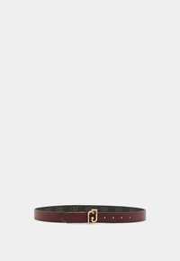 Cintura in pelle di colore bordeaux con una texture liscia. Presenta una fibbia dorata e un interno decorato di verde scuro con loghi.