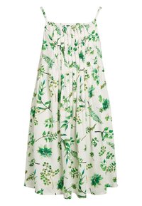 Hihaton kukkamekko kevyestä kankaasta, jossa on valkoinen tausta vihreillä lehtikuoseilla, laskostettu muotoilu ja A-linjainen leikkaus.