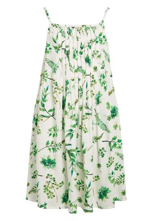 Ärmlös blommig klänning i lätt tyg, med en vit bas och gröna löv mönster, plisserad design och A-linjeformad siluett.