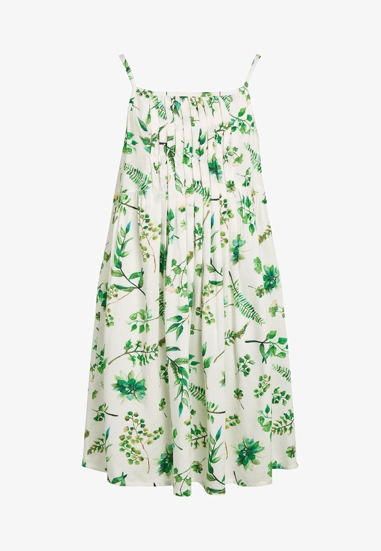 Hihaton kukkamekko kevyestä kankaasta, jossa on valkoinen tausta vihreillä lehtikuoseilla, laskostettu muotoilu ja A-linjainen leikkaus.
