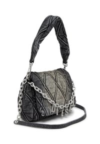 Quilted denim handbag in grey tones with a braided handle, silver chain accents, and logo detail. Features a compact rectangular shape.