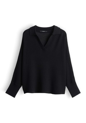 Maglione nero a maniche lunghe in maglia con motivo testurizzato, polsini larghi, scollo a V e collo morbido, mostrato su sfondo bianco.