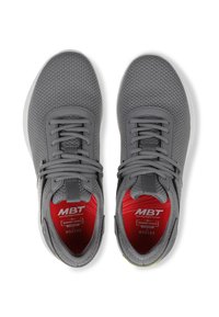 Gray athletic shoes with a mesh upper, round laces, and a memory foam insole. Features a red interior and subtle accents on the sole.