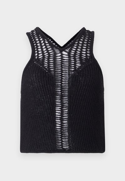Black knitted tank top with a V-neck, featuring striped transparent panels on the front. Ribbed texture with snug fit.