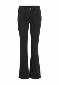 Melni izplestie džinsi, kas izgatavoti no denima, ar augstu vidukli, piecu kabatu dizainu un smalkiem šuvju detaļām. Kopumā gluda tekstūra.