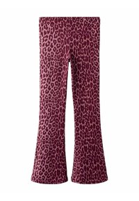 Leopardprint flared bukser i en bordeaux farve, der har et blødt stof med en glat tekstur og et bredt ben design.