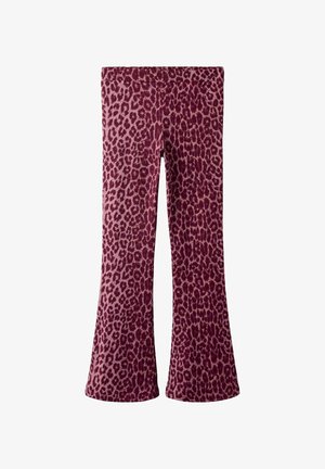 Hlače s uzorkom leoparda u burgundiji, izrađene od mekog materijala s glatkom teksturom i širokim krojem.
