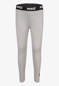 Gray athletic leggings with a fitted design, featuring a black waistband with "NIKE" logo and a black accent on the lower leg.