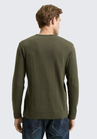 Oliën groene trui met lange mouwen, een gestructureerde afwerking, een ronde halslijn en een geribbelde zoom. Draagt blauwe jeans en toont de achterkant.