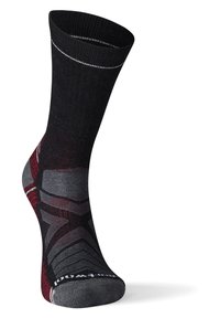 Schwarze und graue gemusterte Socke mit einem gerippten Bündchen, geometrischem Design und einer strukturierten Oberfläche sowie einem weißen Logo an der Zehe.