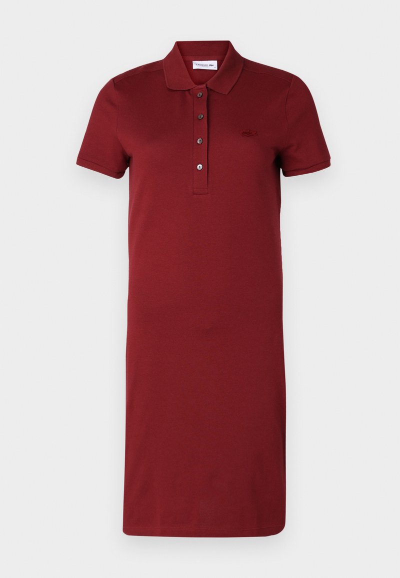 Robe polo bordeaux en mélange de coton, dotée d'un col classique, d'une patte de boutonnage à trois boutons, de manches courtes et d'un logo sur la poitrine.