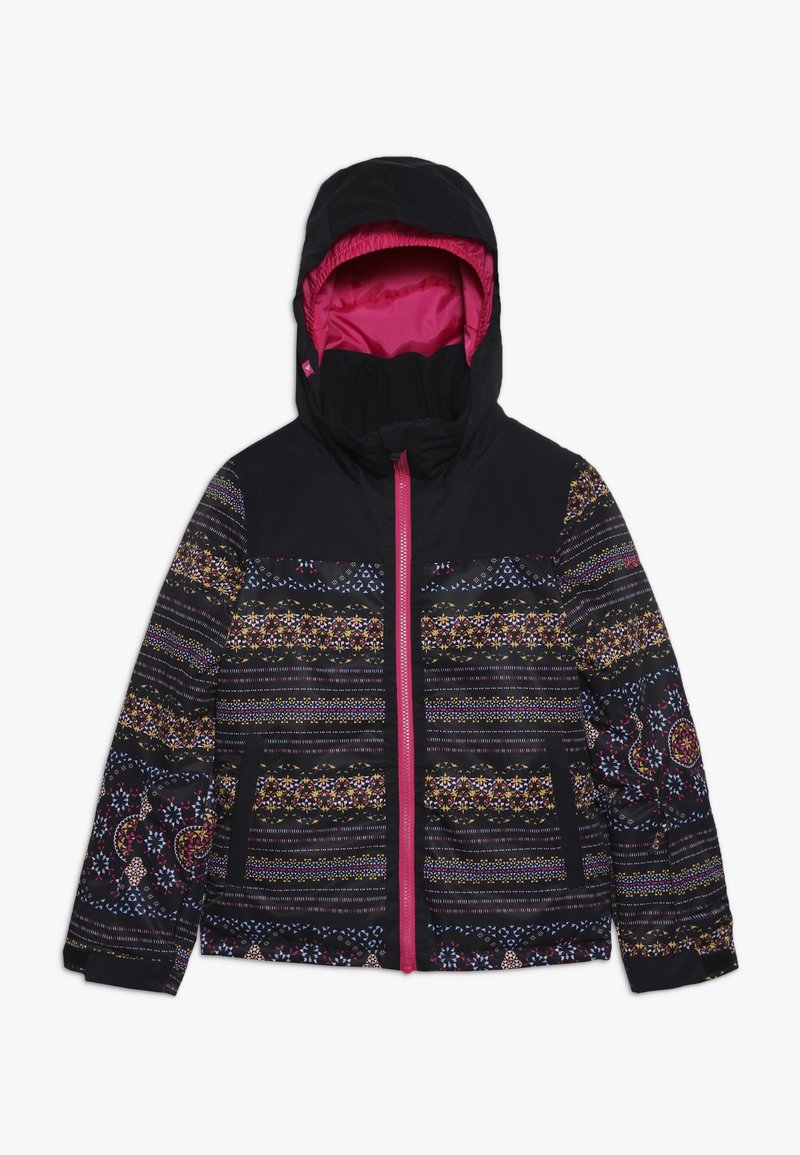 Veste noire à capuche avec fermeture éclair et doublure roses, présentant des motifs géométriques et floraux multicolores sur les manches et le corps.