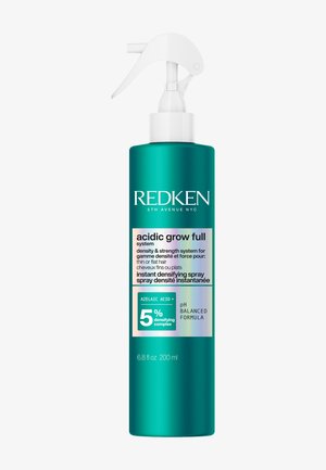 Redken Acidic Grow Full natychmiastowy spray zagęszczający do cienkich lub oklapniętych włosów, 200 ml, butelka w kolorze morskim z białym rozpylaczem.