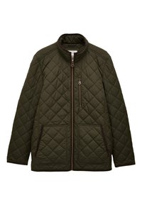 Gesteppte dunkelgrüne Jacke mit Frontreißverschluss, hohem Kragen, zwei unteren Taschen und einer Reißverschlusstasche auf der Brust.