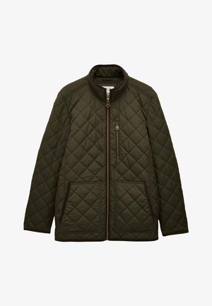 Pikowana ciemnozielona kurtka z frontowym zamkiem błyskawicznym, wysokim kołnierzem, dwoma dolnymi kieszeniami oraz jedną kieszenią na piersi zapinaną na zamek.