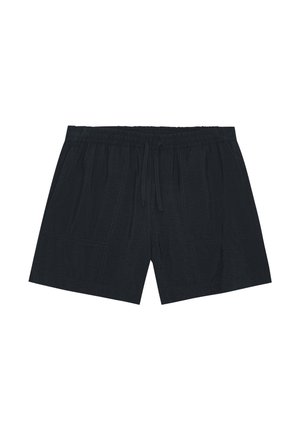 Schwarze knielange Shorts mit elastischem Bund und vorderem Kordelzug, mit zwei Fronttaschen und sichtbaren Nahtdetails.