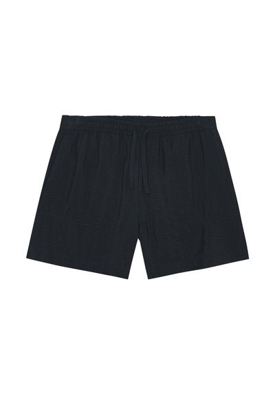 Black knee-length shorts with elastic waistband and front drawstring, featuring two front pockets and visible seam details.