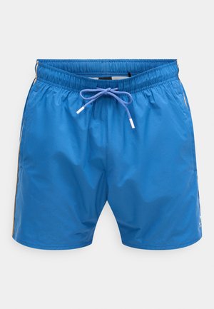 Calções de banho azuis com cintura elástica, cordão de ajuste e riscas laterais. Material suave e leve com um corte descontraído.