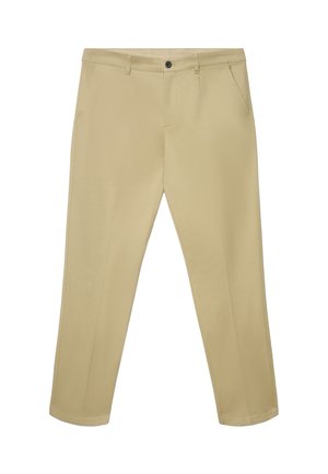 Chinos beiges en tissu léger, avec une coupe droite, des poches avant et une fermeture à bouton unique à la taille.