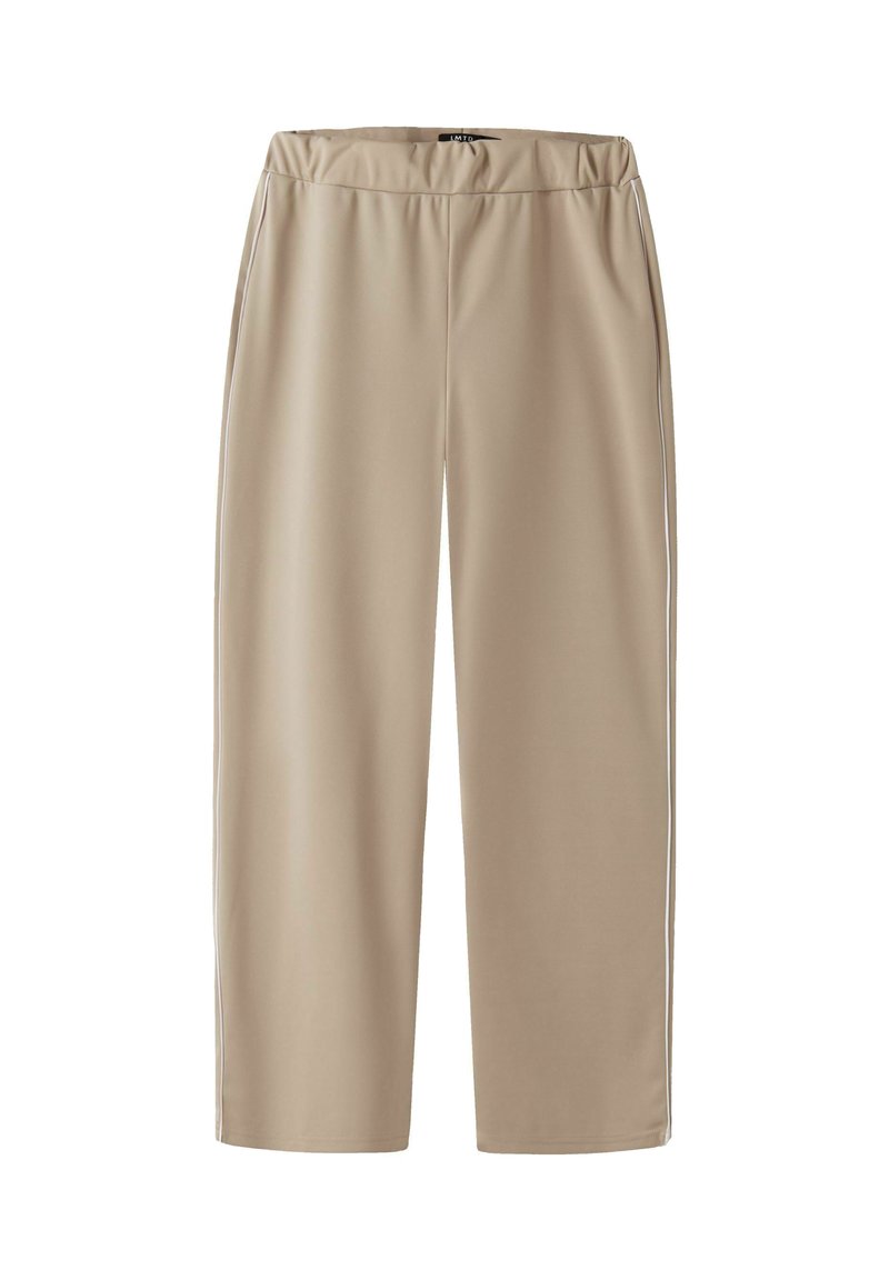 Béžové sportovní kalhoty, zkrácené, s elastickým pasem a bílými bočními pruhy, vyrobené z hladké, lehké látky.