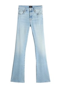 Jeans svasati blu chiaro in denim. Presentano una finitura sbiadita, design a cinque tasche e orlo sfrangiato nella parte inferiore. Vita piatta con chiusura a bottone.