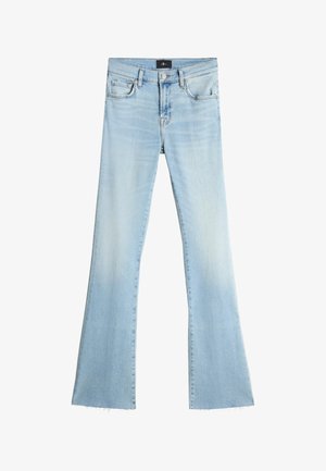 Lyseblå bredbundede jeans lavet af denim. Har en falmet vask, fem-lomme design og en frynset kant i bunden. Flad talje med knaplukning.