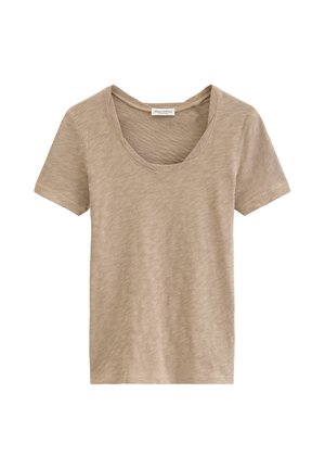 T-shirt beige à manches courtes avec encolure ronde, texture légère et motif chiné subtil.