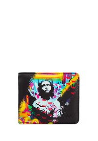 Černá peněženka s výrazným graffiti stylem. Design zahrnuje centrální postavu s barevnými skvrnami růžové, žluté a modré.