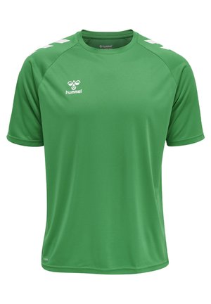 Grøn kortærmet træningsshirt lavet af åndbart stof, med rund halsudskæring og hvide kantstriber på skuldrene.