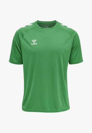 Green short-sleeve athletic shirt made of breathable fabric, featuring a crew neckline and white accent stripes on the shoulders.