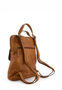 Sac à dos en cuir fauve avec bretelles réglables, compartiments zippés et finition texturée. Comprend des poignées supérieures et des coutures contrastées.