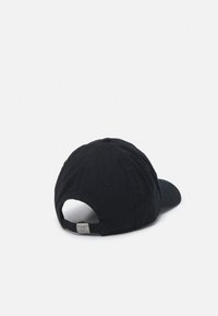 Black baseball cap featuring a curved brim, adjustable strap at the back, and a textured fabric finish.