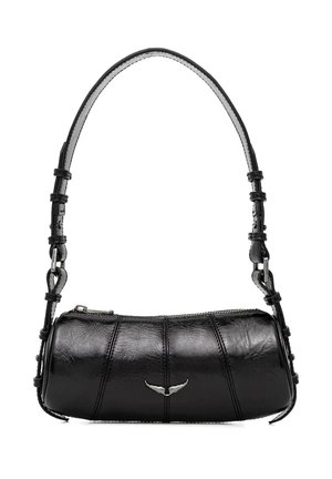 Borsa a tracolla cilindrica nera in pelle con tracolla regolabile e piccolo logo argento a forma di ala al centro davanti.