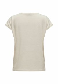 Helles beige Kurzarmoberteil mit einem subtilen horizontalen Streifenmuster, rundem Ausschnitt und weicher Textur.