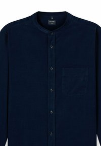 Herren Hemd in Marineblau mit langen Ärmeln, Stehkragen, Knöpfen auf der Vorderseite und einer Brusttasche, Größe M, im Freizeitstil.