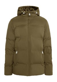 Olivenfarvet puffjakke med frontlynlås, hætte og to sidelommer med hvide hardware detaljer. Glat tekstur, lige snit.