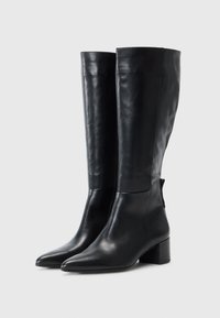 Knee-high black leather boots with a pointed toe, square heel, and zipper detail on the side. Smooth texture with minimalistic design.