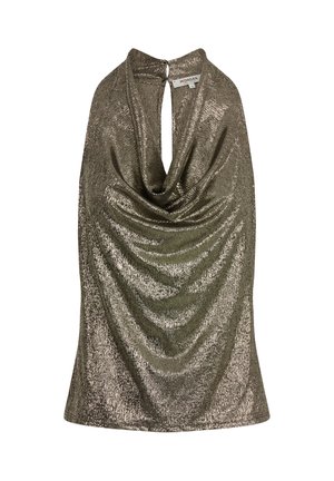 Haut vert olive métallique avec un devant drapé et un col en forme de trou de clé. Fabriqué en tissu texturé, présentant une finition lisse et une silhouette ajustée.