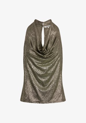 Haut vert olive métallique avec un devant drapé et un col en forme de trou de clé. Fabriqué en tissu texturé, présentant une finition lisse et une silhouette ajustée.