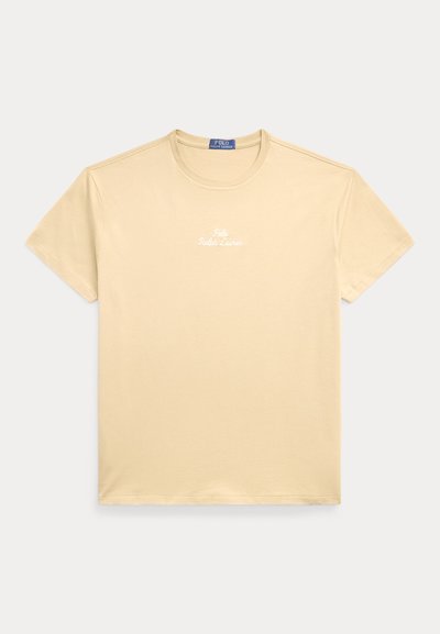 Tricou din bumbac de culoare bej deschis, cu mâneci scurte, guler rotund și text alb brodat "Polo Ralph Lauren" pe piept.